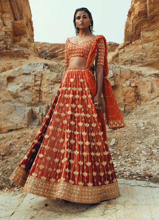 Ease-Rust Nakshi Embroidered Velvet Lehenga Set-INDIASPOPUP.COM
