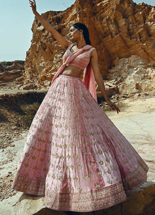 Ease-Baby Pink Floral Embroidered Lehenga Set-INDIASPOPUP.COM