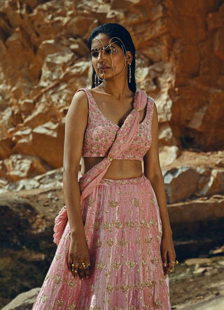 Ease-Baby Pink Floral Embroidered Lehenga Set-INDIASPOPUP.COM