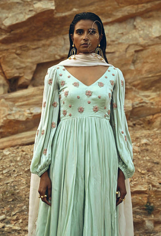 Ease-Mint Blue Nakshi Embroidered Anarkali With Dupatta-INDIASPOPUP.COM