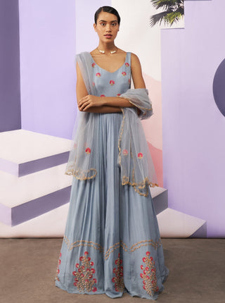Ease-Blue Embroidered Anarkali Set-INDIASPOPUP.COM