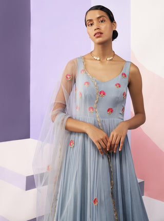 Ease-Blue Embroidered Anarkali Set-INDIASPOPUP.COM