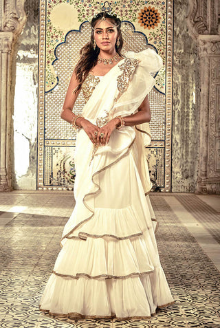Archana Kochhar-Ivory Ruffle Saree Set-INDIASPOPUP.COM