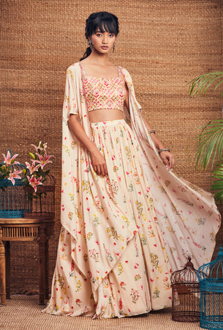 Aneesh Agarwaal-Ivory Multi Floral Cape Skirt Set-INDIASPOPUP.COM