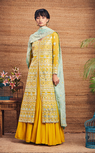 Aneesh Agarwaal-Yellow Mint Organza Kurta Set-INDIASPOPUP.COM