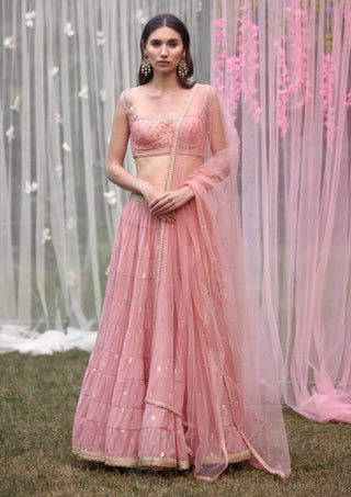 Shyam Narayan Prasad-Coral Pink Embroidered Lehenga Set-INDIASPOPUP.COM