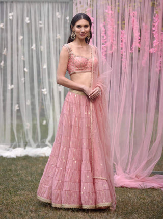 Shyam Narayan Prasad-Coral Pink Embroidered Lehenga Set-INDIASPOPUP.COM