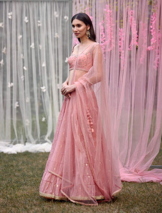 Shyam Narayan Prasad-Coral Pink Embroidered Lehenga Set-INDIASPOPUP.COM