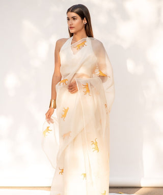 Kapardara-Ivory Painted Silk Organza Sari-INDIASPOPUP.COM
