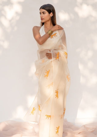 Kapardara-Ivory Painted Silk Organza Sari-INDIASPOPUP.COM