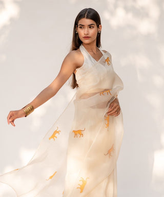 Kapardara-Ivory Painted Silk Organza Sari-INDIASPOPUP.COM