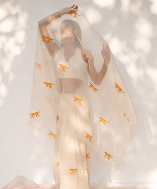 Kapardara-Ivory Painted Silk Organza Sari-INDIASPOPUP.COM