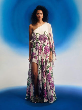 Asymmetric wild wisteria one shoulder dress