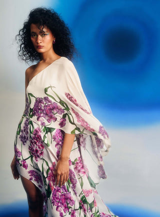 Asymmetric wild wisteria one shoulder dress