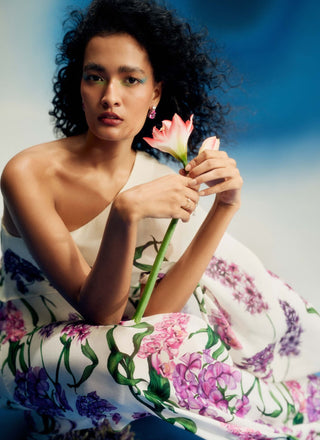 Asymmetric wild wisteria one shoulder dress