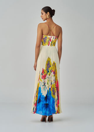 Chrissy floral print micro pleat maxi dress