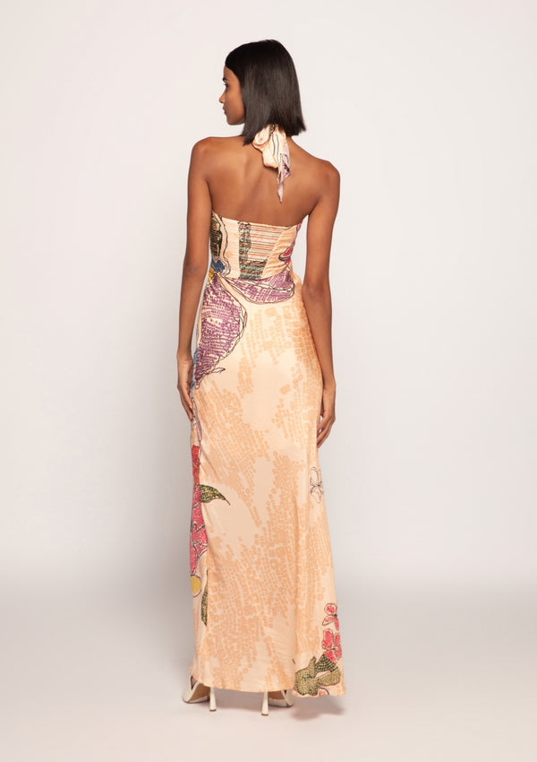 Peach bandhani print halter maxi dress