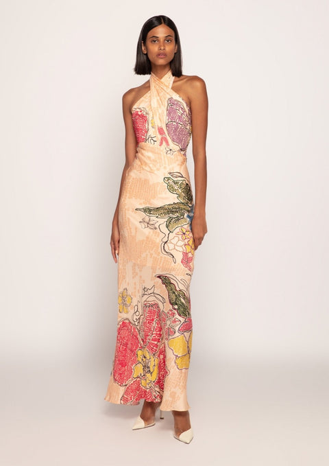 Peach bandhani print halter maxi dress