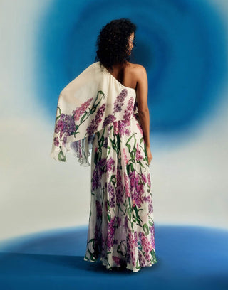 Asymmetric wild wisteria one shoulder dress
