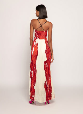 Saaksha & Kinni-Red Ivory Pleated Asymmetric Maxi Dress-INDIASPOPUP.COM