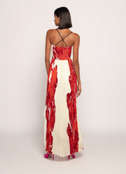 Red ivory pleated asymmetric maxi dress
