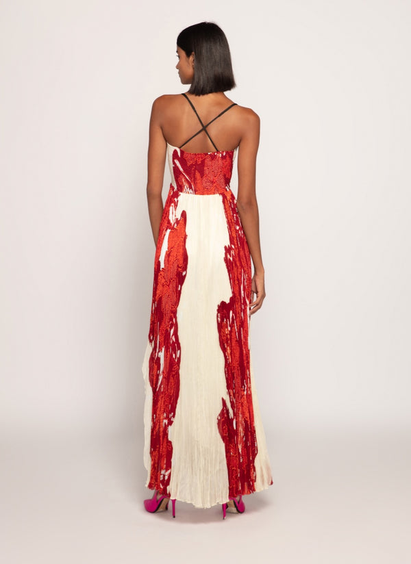 Red ivory pleated asymmetric maxi dress