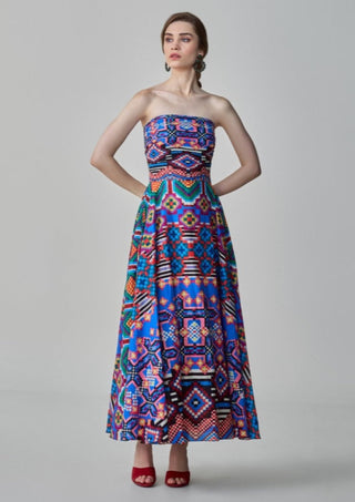 Frenchy Blue Ikat Flared Dress by Saaksha & Kinni, available on Indiaspopup.com