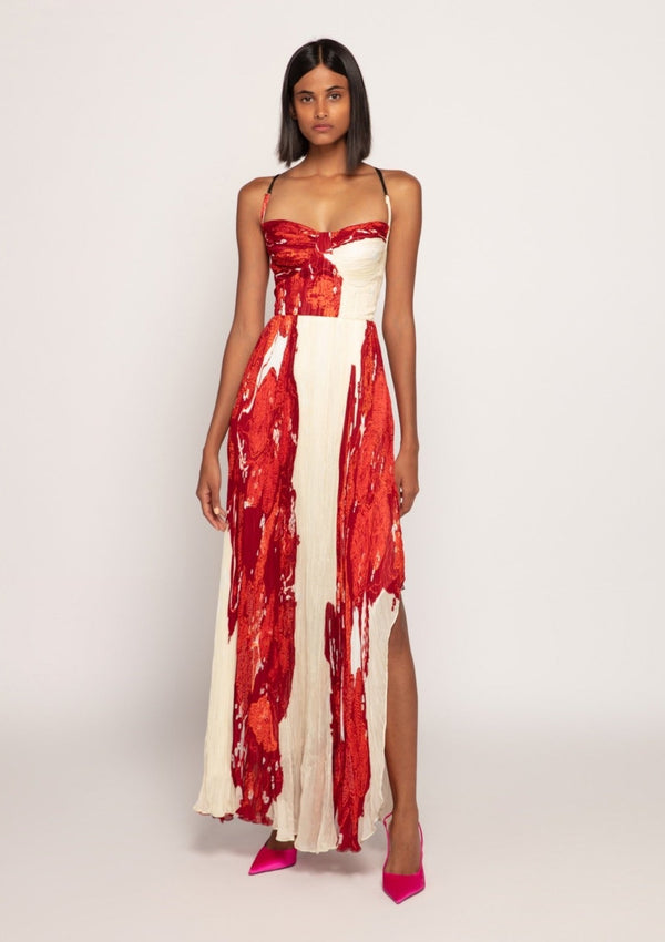 Red ivory pleated asymmetric maxi dress