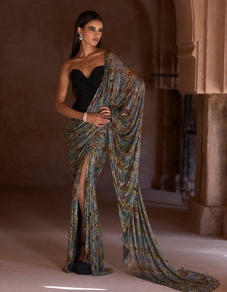 Sana black silver corset sari set