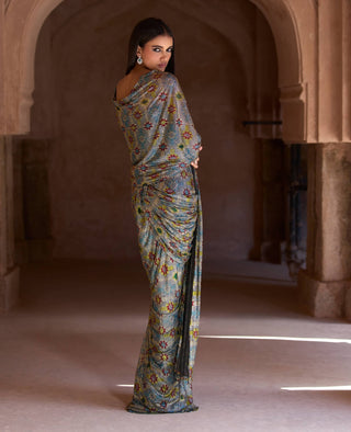 Sana black silver corset sari set