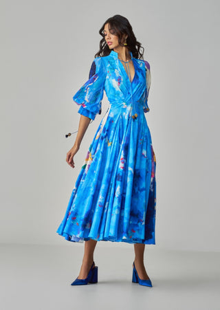 Annie blue ikat print flared midi dress