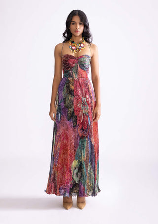 Kiara Multicolor Pleated Maxi Dress by Saaksha & Kinni, available on Indiaspopup.com