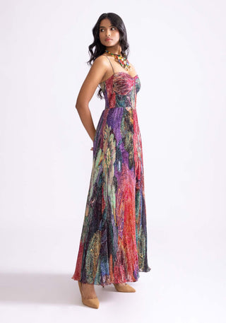 Kiara Multicolor Pleated Maxi Dress by Saaksha & Kinni, available on Indiaspopup.com