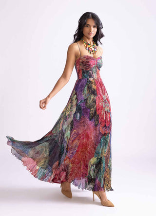 Kiara Multicolor Pleated Maxi Dress by Saaksha & Kinni, available on Indiaspopup.com