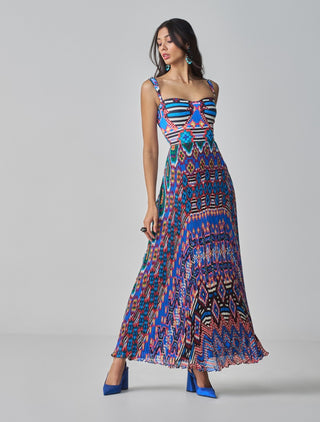 Nala Blue Ikat Pleated Dress by Saaksha & Kinni, available on Indiaspopup.com