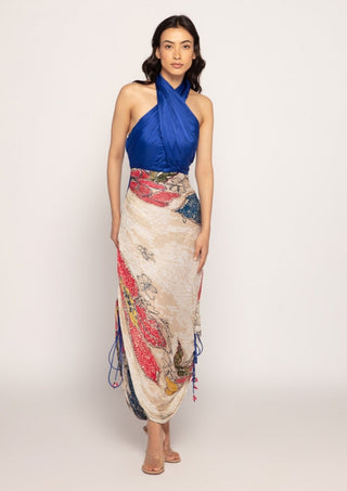 Saaksha & Kinni-Blue Ivory Pleated Halter Neck Dress-INDIASPOPUP.COM
