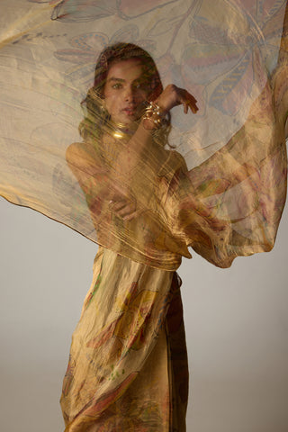 Micah gold blazer with Agatha sari and Malaika blouse