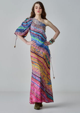 Alina Block Print One-Shoulder Maxi Dress by Saaksha & Kinni, available on Indiaspopup.com