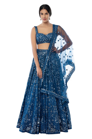 Blue Foil Net Lehenga Set by Tamanna Punjabi Kapoor available on Indiaspopup.com