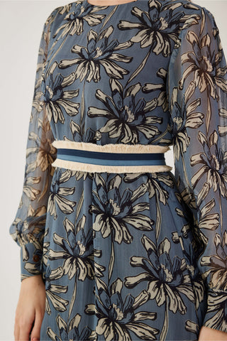 Koai-Blue And Cream Floral Midi Dress-INDIASPOPUP.COM