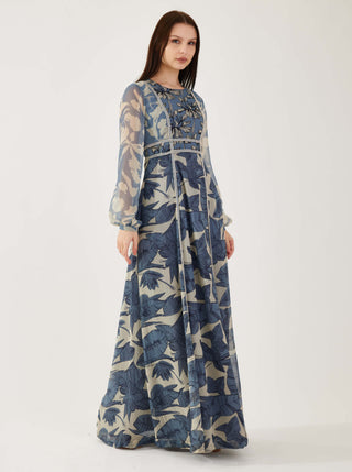 Koai-Blue And Cream Floral Embroidered Dress-INDIASPOPUP.COM