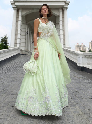 Lime Green Pure Raw Silk Lehenga Set by Sanya Gulati available on Indiaspopup.com