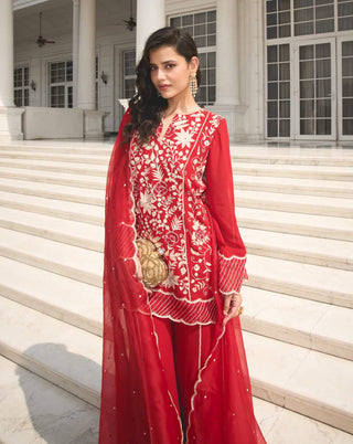 Red Georgette Kalidar Kurta Set by Sanya Gulati available on Indiaspopup.com