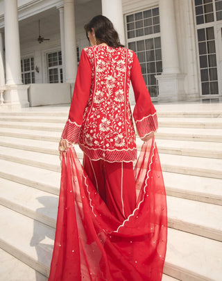 Red Georgette Kalidar Kurta Set by Sanya Gulati available on Indiaspopup.com