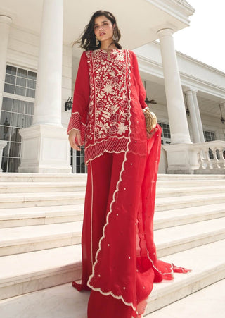 Red Georgette Kalidar Kurta Set by Sanya Gulati available on Indiaspopup.com