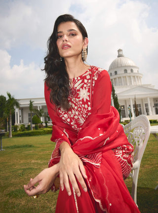 Red Georgette Kalidar Kurta Set by Sanya Gulati available on Indiaspopup.com