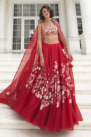 Red Pure Silk Organza Lehenga Set by Sanya Gulati available on Indiaspopup.com