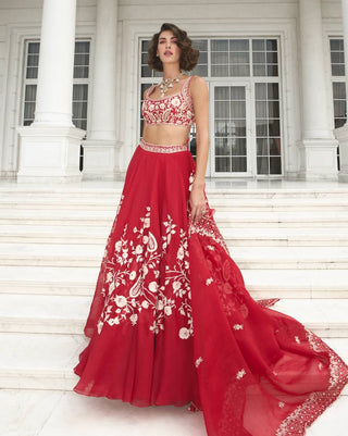 Red Pure Silk Organza Lehenga Set by Sanya Gulati available on Indiaspopup.com