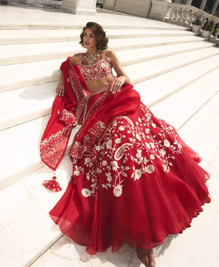 Red Pure Silk Organza Lehenga Set by Sanya Gulati available on Indiaspopup.com