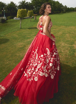 Red Pure Silk Organza Lehenga Set by Sanya Gulati available on Indiaspopup.com